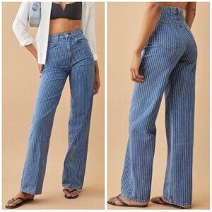 Reformation Jeans Hailey Pinstripe High Rise Wide Leg Jeans Blue Size 26